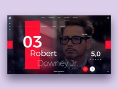 a web page with the name robert downey jr in red and black on it