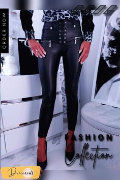 Fashion Sexy Solid Color Leather Pants High Waist Casual Bottoms For Club, High-waisted Pants For Club In Fall, Fall Club High-waisted Pants, Casual Non-stretch Club Pants, Casual Non-stretch Pants For Club, High Waist Fall Club Bottoms, High-waisted Pants For Club And Spring, High-waisted Pants For Club And Spring Season, Trendy High Rise Bottoms For Club