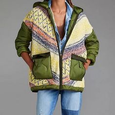 Pilcro From Anthropologie Size Xs New With Tags 230$ Knit Quilted Coat Moss Mixed Media Quilted Jacket W/ Hood And Front Flap Pockets Front Zip Closure Dimensions Acrylic, Nylon, Cotton, Polyester Colorful Knit, Blanket Fabric, Green Quilt, Anthropologie Jacket, Knit Blanket, Quilted Coat, Knitted Blankets, Quilted Jacket, Puffer Coat