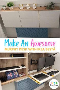 Folding Desk With Monitor, Hidden Craft Area, Hidden Bedroom Office, Ikea Hack Folding Desk, Foldable Home Office, Murphy Desk With Monitor, Hidden Desk Ikea, Desk Hidden In Cabinet, Hidden Working Desk