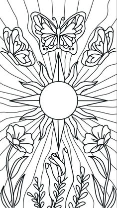 a coloring page with flowers and butterflies in the center, surrounded by sunbursts