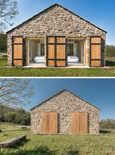 two pictures side by side of a stone building with wooden doors and windows, one in the