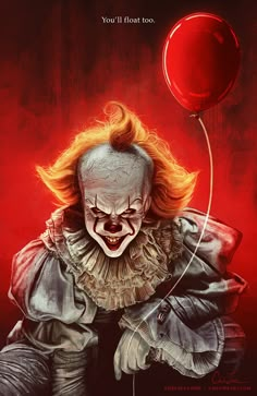 a creepy clown holding a red balloon with the caption you'll host too