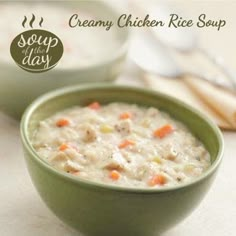 a bowl of creamy chicken rice soup on a table