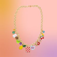 Add a splash of sunshine to your style with our Bright Summer-Themed Gold Plated Charm Necklace. This fun and vibrant accessory features an array of playful summer charms, perfect for capturing the season's essence. Measuring 17 inches in length, it's the ideal piece to brighten up any summer outfit. Crafted with high-quality gold plating, this necklace is designed to bring a touch of joy and color to your wardrobe. Cheap Adjustable Charm Necklaces With Colorful Beads, Spoon Rings, Gem Ring, Betsy Johnson, Girly Jewelry, Instagram Icons, Jewelry Business, Jewelry Bags, Mochi