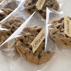 chocolate chip cookies wrapped in plastic with tags