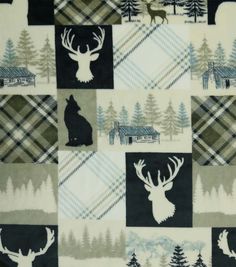 an image of a moose and deer on a plaid pattern fabric with trees, houses, and cabin in the background