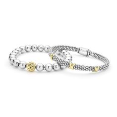 An ideal gift including a signature LAGOS Caviar beaded bracelet with three accenting 18K gold X stations paired with a highly polished sterling silver bracelet with a 18K gold Caviar beaded accent. The stretch fit accommodates most wrist sizes. Sculptural Jewelry, Exclusive Gift, Engraved Items, Bracelet Gift, Sterling Silver Bracelets, Beaded Bracelet, Ideal Gift, Two Tone, Gift Set