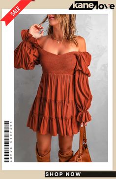 Brown Boho Solid Shirred Ruffle Mini Dress Off-shoulder Ruffled Mini Dress, Solid Color Off-shoulder Dress With Ruffles, Solid Color Casual Fitted Ruffle Dress, Casual Solid Color Fitted Ruffle Dress, Summer Long Sleeve Tiered Dress With Ruffle Hem, Long Sleeve Tiered Dress With Ruffle Hem For Summer, Casual Ruffle Mini Dress For Fall, Solid Tiered Mini Dress With Ruffle Hem, Tiered Mini Dress With Ruffle Hem