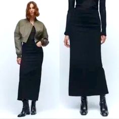 New Condition; Approximate Measurements Lying Flat: 39” Length; 15” Waist; 18 1/2” Hips; 22 1/2” Split; Top Belt Loops; Side Zipper; Generous Rear Split Black Denim; Maxi; Pencil; Full Length; Denim Skirt Black, Split Top, Denim Maxi, Zara Skirts, Zara Black, Skirt Black, Black Denim, Side Zipper, Denim Skirt