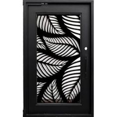 a black and white door with leaves etched on the glass inlayed to it