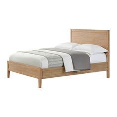 a wooden bed with white sheets and pillows on top of it, against a white background