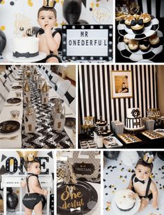 a collage of photos with black and gold accents including cake, cupcakes, balloons, and decorations