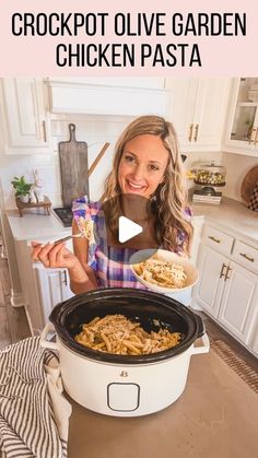 the crockpot olive garden chicken pasta recipe is shown in front of a woman holding a