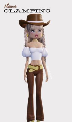 a girl wearing brown pants and a cowboy hat with the words glamping on it