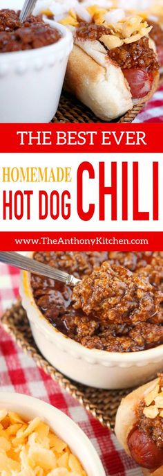 homemade hot dog chili recipe with game day meats in the background and text overlay