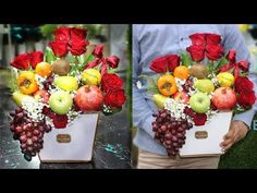 two pictures show the same arrangement of fruit and flowers in a box, one with red roses