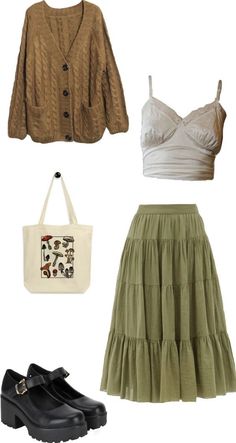 Follow our blog for more aesthetic content ✨❤️‍🔥✨ Green White And Brown Outfit, Edgy Cottage Core Outfits, Book Core Outfit, Lazy Cottagecore Outfits, Fairy Core Inspired Outfits, Cottagecore Cold Weather Outfits, Grunge Cottagecore Outfits Summer, Fairycore School Outfits, Boho Fashion Women