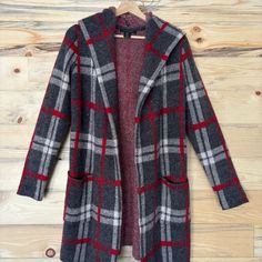 Nwt Tahari Open Front Thick Chunky Knit Plaid Hooded Hoodie Cardigan Sweater Red Knit Sweater Coat For Winter, Winter Plaid Knit Sweater, Cozy Warm Red Outerwear, Knit Red Outerwear For Cold Weather, Red Knit Outerwear For Cold Weather, Cozy Red Knitted Outerwear, Cozy Red Sweater Coat For Fall, Red Soft Knit Winter Outerwear, Winter Red Soft Knit Outerwear