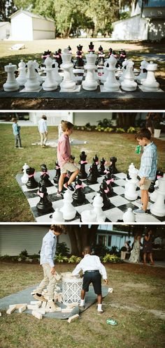 kids playing giant chess in the yard