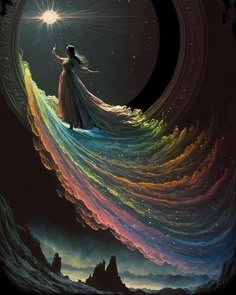 a woman standing on top of a rainbow colored wave in the sky with a star above her head