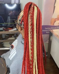 Red And Blonde Knotless Braids, Relax Hair, Colorful Braids, Red Box Braids, Goals 2023, Peekaboo Hair Colors, Red Hair With Blonde Highlights, Braiding Hairstyles, Night Hair