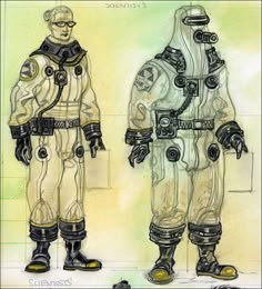 two drawings of men in space suits, one wearing an oxygen suit and the other with goggles