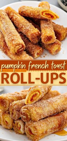 Pumpkin French Toast Roll-Ups, fall recipes, breakfast ideas Breakfast Recipes Pumpkin, Yummy Fall Breakfast, Cute Fall Breakfast Ideas, Breakfast Ideas For On The Go Mornings, Easy Fall Food Dinner, Fall Birthday Brunch Ideas, Fall Baking Savory, Pumpkin French Toast Roll Ups, Pumpkin Roll Up