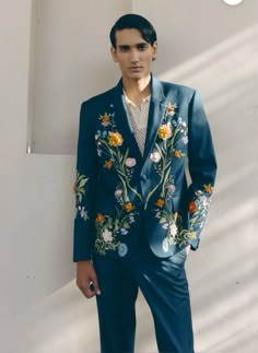 Unique Tuxedo Wedding, Nonbinary Wedding Outfit, Floral Suit Men, Mens Floral Blazer, Floral Menswear, Floral Attire, Sunshine Wedding, Garden Wedding Dress Guest, Genderqueer Fashion