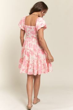 Upgrade your wardrobe with our Pink Puff Sleeve Floral Dress. The dress features a smocked top with delicate puff sleeves, made from high-quality eyelet fabric. With a square neckline and convenient pockets, this dress is perfect for any occasion. Elevate your style with this charming and elegant dress. Eyelet fabric pink and cream colors smocked puff sleeve lined 100% polyester hand wash cold or on delicate cycle Curvy Date Night Outfit, Puff Sleeve Floral Dress, Air Clothes, Butterfly Sleeve Dress, Church Outfit, Valentines Day Dresses, Eyelet Fabric, Smocked Top, Curvy Dress