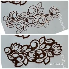 two pictures of flowers and leaves on white paper, one is black and the other has brown