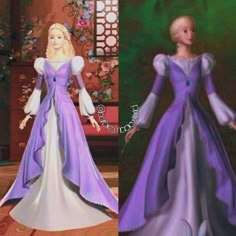 two pictures of the same princess in different outfits, one is wearing a purple dress