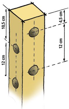 a drawing of a tall yellow box with three holes in the middle and one hole at the top