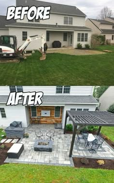 before and after pictures of a backyard patio