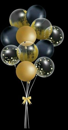 a bunch of balloons that are in the shape of a bouquet with gold and black confetti