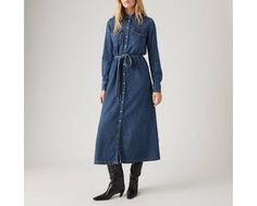 Our Quinney Denim Dress takes its cues from the wild west. We gave it a classic button-up front, a belted design, a maxi cut and Levi's® details like two chest pockets and yoke detailing. A western-inspired denim dress With a maxi cut Features a button-up front Features a belted design Crafted with denim Far West, Denim Midi Dress, The Wild West, Dress With Tie, Long Sleeve Midi, Product Label, Shirt Collar, Wild West, The Wild