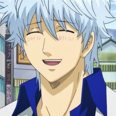 an anime character with white hair and blue eyes looking at something in the distance while smiling