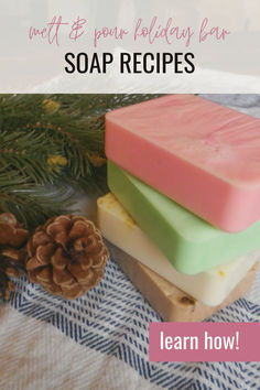 5 melt and pour holiday soap bars stacked on top of each other with pinecones next to them Homemade Soap Bars Recipe, Homemade Body Bar Soap, Holiday Soap Recipes, Beginner Soap Making Recipes, Soap Making For Beginners Melt And Pour Easy Diy, How To Make Bar Soap, Diy Melt And Pour Soap Recipes, How To Make Soap For Beginners, Diy Christmas Soap