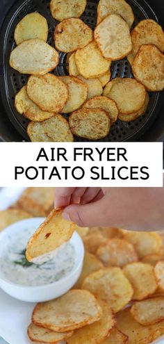 air fryer potato slices with dipping sauce on top and in the bottom, there is an image of potatoes being fried