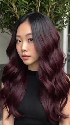 dark fall hair colors asian Black And Cherry Hair, Black Cherry Hair Color With Highlights, Dark Cherry Cola Hair, Cherry Black Hair, Cherry Brown Hair Color, Dark Plum Brown Hair, Dark Cherry Cola Hair Color, Dark Cherry Red Hair, Hair Colors Asian