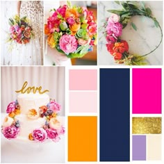 a collage with different colors and flowers on it, including pinks, oranges, and yellows