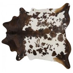 two brown and white cowhide rugs on a white background, one is laying down