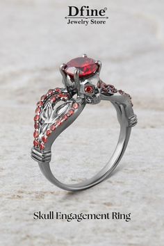 Skull Engagement Ring, Skull Wedding Ring, Gothic Jewelry, Red Garnet Gemstone, Floral Leaf, Memento Mori Skull Ring, Anniversary Gift for Her, 925 Sterling Silver, Gun Metal Red Symbolic Sterling Silver Ring, Symbolic Red Gemstone Jewelry, Red Garnet Promise Jewelry, Symbolic Red Jewelry For Anniversary, Red Garnet Promise Ring, Red Round Garnet Jewelry, Red Garnet Round Jewelry, Red Lab-created Ruby Jewelry With Center Stone, Fine Jewelry With Red Center Stone