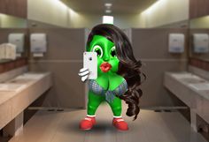 a cartoon character is taking a selfie in the bathroom with her cell phone,