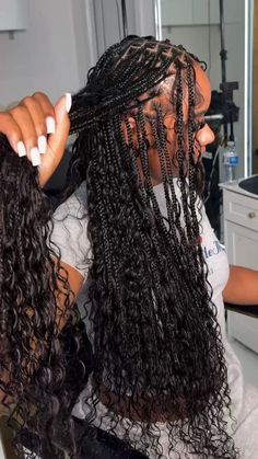 Triangle Part Boho Knotless Braids, Knotless Goodness Braids, Small Full Boho Knotless Braids, Full Boho Knotless Braids Human Hair, Box Braids Goddess Braid, Long Boho Knotless Braids, Shoulder Length Boho Braids, 1b Braids, Hairstyles For Black Girls Braids