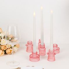 [About] Quantity: Set of 6 Candle Holders (3 Different Styles) Material: Glass Color: Pink Style: Crystal Ribbed Design Sizes: Style 1: 2.5"W x 2.25"H Style 2: 1.75"W x 2.75"H Style 3: 2.5"W x 2.75"H Quantity per Style: 2pcs Each Candle Cup Size: 1"Dia. Candle Cup Depth: 0.75" Glass Thickness: 3mm Features: Thickened Glass, Sturdy, Smooth Edge, Solid Base, Durable Fits all standard-size taper candles [Information] Additional Information: Uses: For windowsill and festival tables like Christmas, T Glass Taper Candle Holders, Mini Candle Holders, Candle Stands, Elegant Dinner Party, Rustic Candle Holders, Rustic Candles, Candle Cup, Mini Candles, Metal Candle Holders