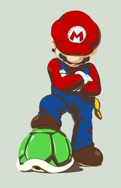 an image of mario sitting on top of a green ball and wearing a red hat