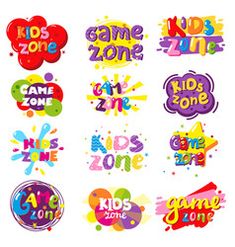 children's zone stickers are shown in various colors and shapes, including the name game zone