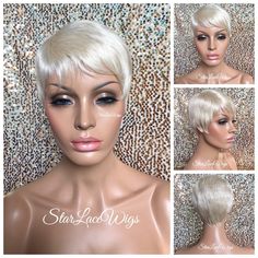 This unit ships in 2-3 business days Type of Hair: Synthetic Hair Texture: Straight Hair Length: Short Pixie Hair Color: Platinum Blonde - Also Available in #1, #1b, #2 & #4 Cap Style: This is a regular wig (NOT A LACE FRONT) - (cap stretches) Heat Safe: Heat resistant up to 350 degrees :::HEAT SAFE::: Our synthetic and human hair blend wigs are heat safe and can be curled and flat ironed. Please note that it is recommended that the heat settings be low (340 to 350 degrees). Flexi-rods and/o Short Pixie Hair Color, Blonde Pixie Wig, Short Pixie Hair, Pixie Hair Color, Wig Bangs, Platinum Blonde Pixie, Lob Haircuts, Blonde Bangs, Pixie Wig