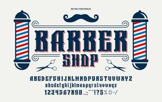 an old fashioned barber shop font with scissors and mustaches on the letters are in red, white, and blue stripes